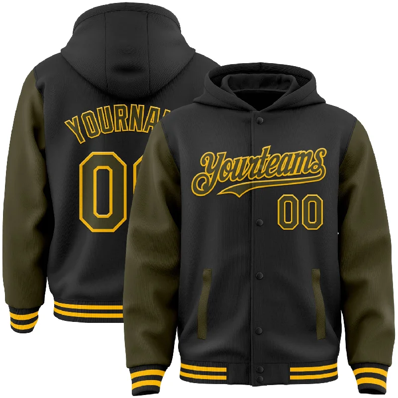 Stylish Unisex Outfit Ideas Hot Trends Custom Black Olive-Gold Bomber Full-Snap Varsity Letterman Two Tone Hoodie Jacket