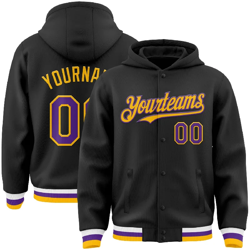 Effortless And Modern Unisex Dressing Absurdly Cheap Sale Custom Black Purple-Gold Bomber Full-Snap Varsity Letterman Hoodie Jacket