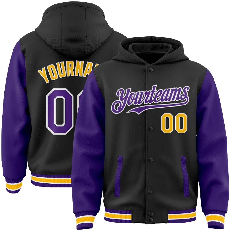 Sustainable And Ethical Unisex Clothing Absurdly Cheap Sale Custom Black Purple-Gold Bomber Full-Snap Varsity Letterman Two Tone Hoodie Jacket