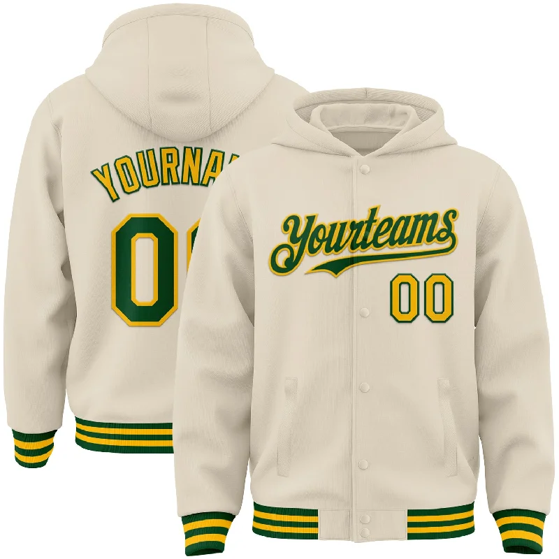 Chic And Casual Unisex Fashion Trends Limited Time Special Offer Custom Cream Green-Gold Bomber Full-Snap Varsity Letterman Hoodie Jacket