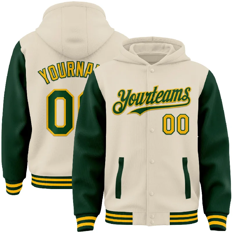 Fashion-Forward Gender-Neutral Outerwear Fashionista Favorites Custom Cream Green-Gold Bomber Full-Snap Varsity Letterman Two Tone Hoodie Jacket