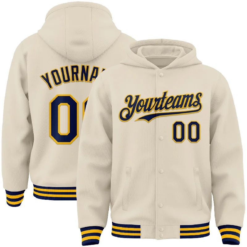 Fashion-Forward Gender-Neutral Outfit Ideas Gift Ideas Custom Cream Navy-Gold Bomber Full-Snap Varsity Letterman Hoodie Jacket