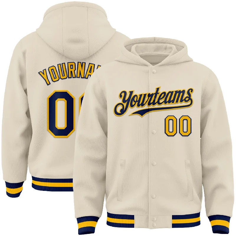 Comfortable And Stylish Unisex Outfits Summer Deals Custom Cream Navy-Gold Bomber Full-Snap Varsity Letterman Hoodie Jacket