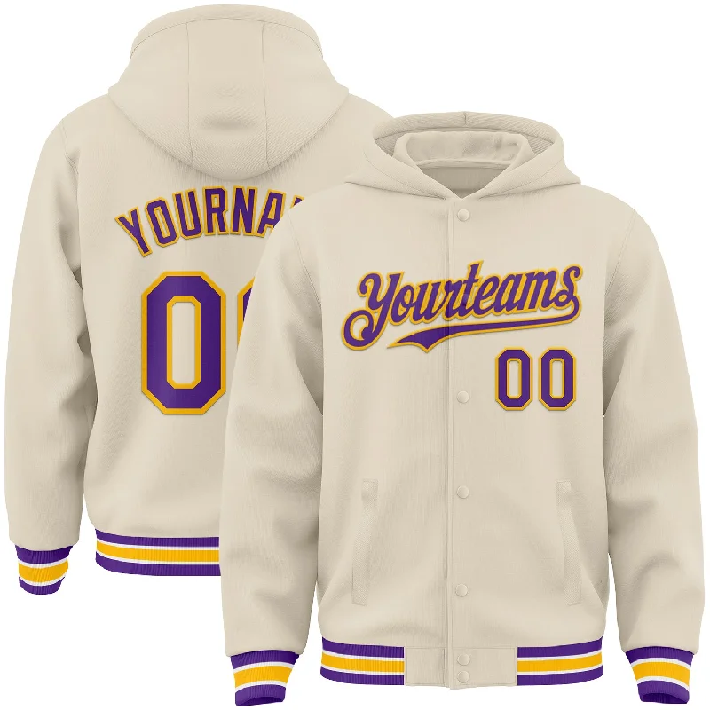 Soft And Breathable Unisex Loungewear Fashion Sale Custom Cream Purple Gold-White Bomber Full-Snap Varsity Letterman Hoodie Jacket