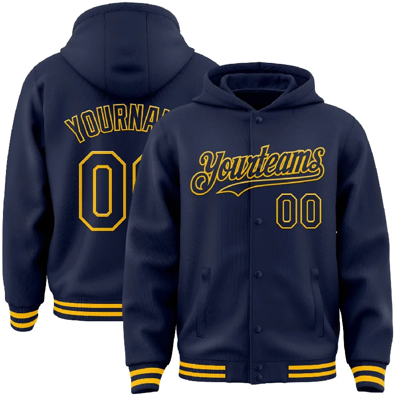 Modern Unisex Streetwear Outfits Hot Picks Custom Navy Gold Bomber Full-Snap Varsity Letterman Hoodie Jacket