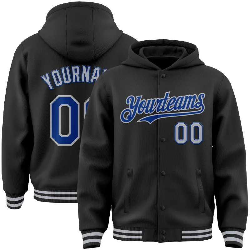 Fashion-Forward Gender-Neutral Outfit Ideas Discount Extravaganza Custom Black Royal-Gray Bomber Full-Snap Varsity Letterman Hoodie Jacket