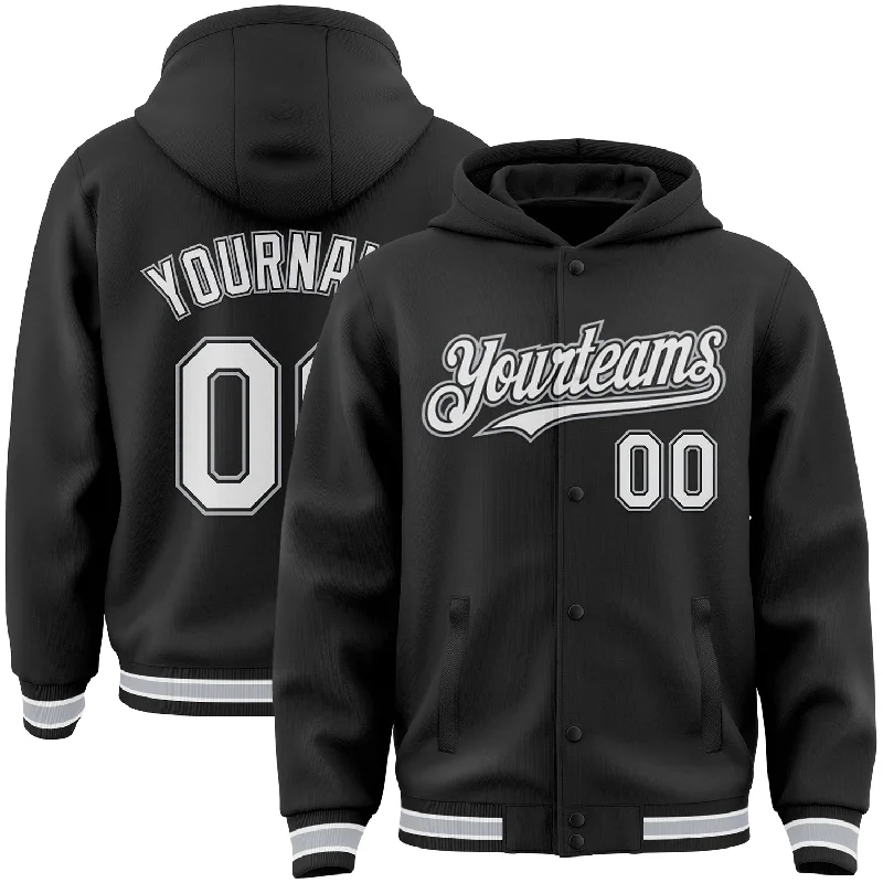 Urban-Inspired Unisex Fashion Pieces Casual Chic Deals Custom Black White-Gray Bomber Full-Snap Varsity Letterman Hoodie Jacket