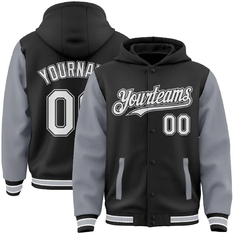 Elegant And Minimal Gender-Free Clothing Urban Style Promotions Custom Black White-Gray Bomber Full-Snap Varsity Letterman Two Tone Hoodie Jacket