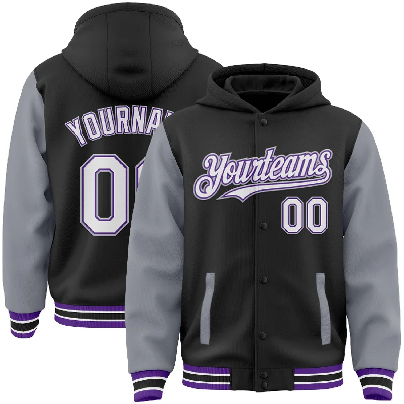 Classic And Timeless Gender-Neutral Fashion Street Style Discounts Custom Black Gray-Purple Bomber Full-Snap Varsity Letterman Two Tone Hoodie Jacket