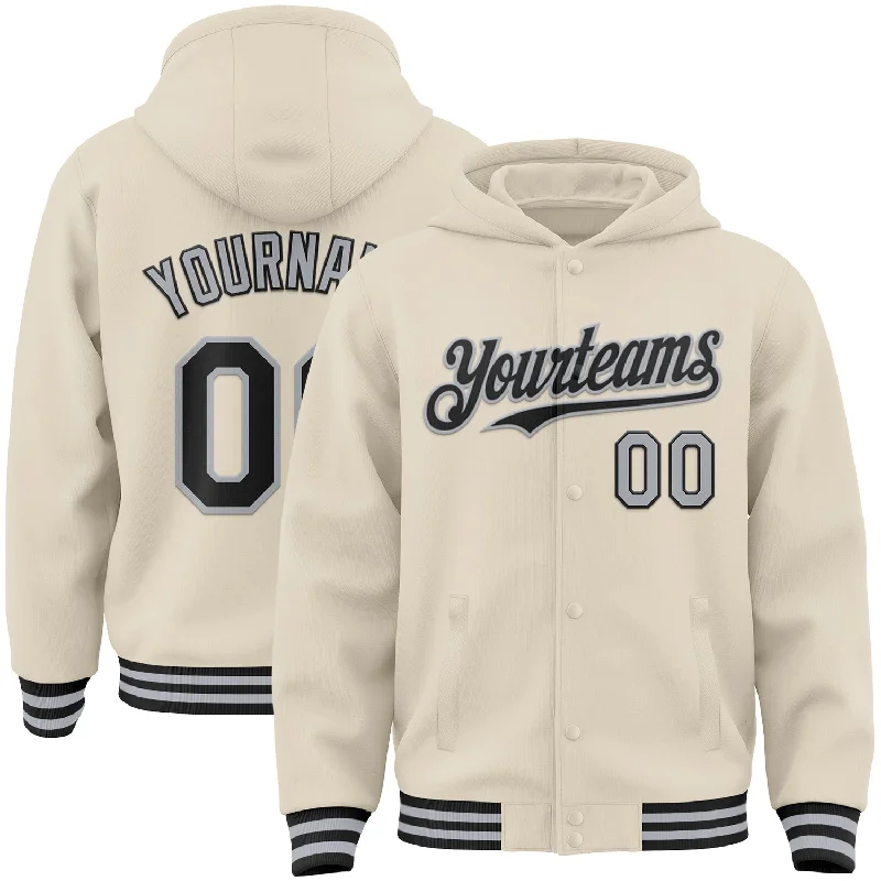 Oversized Unisex Apparel For Effortless Style Unleash Your Trendy Side Custom Cream Black-Gray Bomber Full-Snap Varsity Letterman Hoodie Jacket