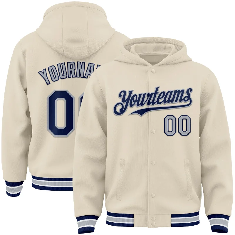 Urban Unisex Fashion Outfits Contemporary Chic Promotions Custom Cream Navy Gray-White Bomber Full-Snap Varsity Letterman Hoodie Jacket