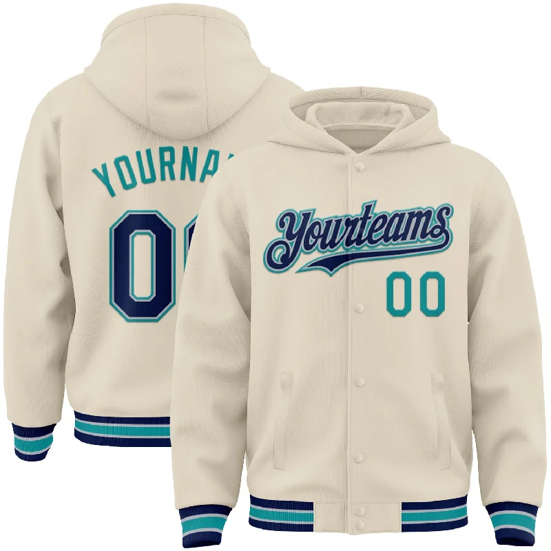 Sustainable Gender-Neutral Apparel Daring Fashion Promotions Custom Cream Navy Gray-Teal Bomber Full-Snap Varsity Letterman Hoodie Jacket