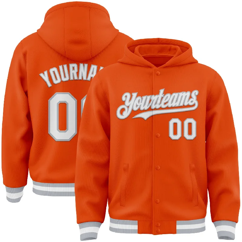 Breathable And Lightweight Unisex Wear Holiday Attire Sale Custom Orange White-Gray Bomber Full-Snap Varsity Letterman Hoodie Jacket