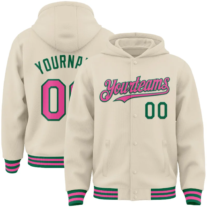 Unisex Casual Fashion Trends Discount Extravaganza Custom Cream Pink-Kelly Green Bomber Full-Snap Varsity Letterman Hoodie Jacket