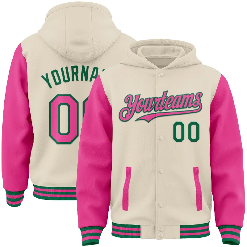 Chic And Contemporary Unisex Clothing Choices Fashion-Forward Custom Cream Pink-Kelly Green Bomber Full-Snap Varsity Letterman Two Tone Hoodie Jacket