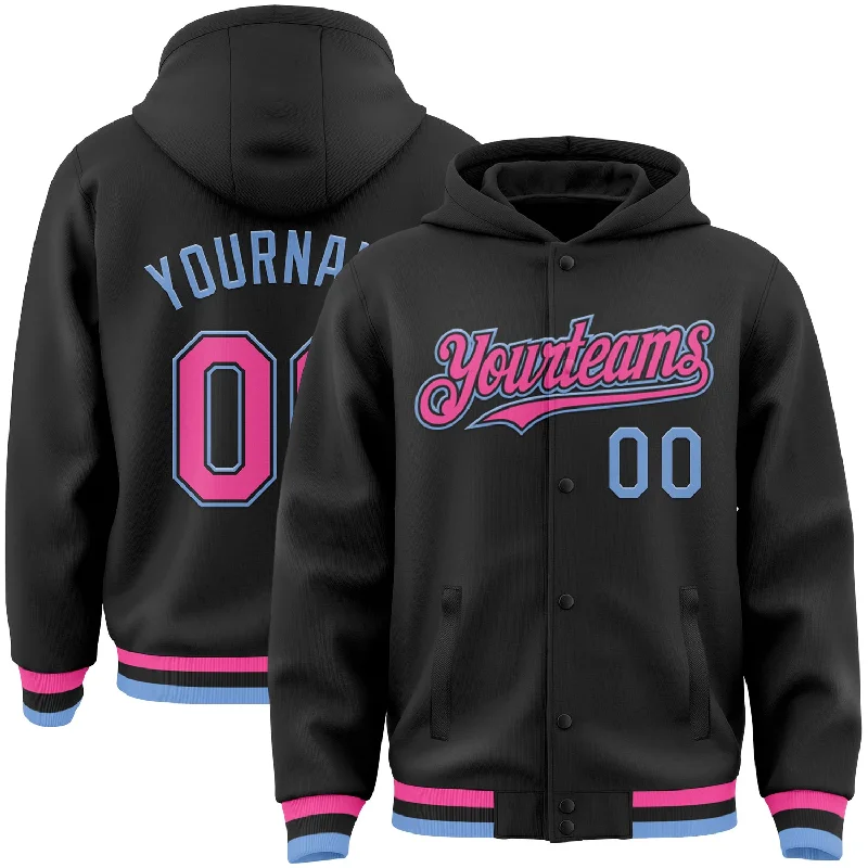 Gender-Neutral Clothing Styles Fashion-Forward Custom Black Pink-Light Blue Bomber Full-Snap Varsity Letterman Hoodie Jacket