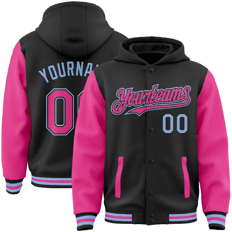 Sleek And Comfortable Unisex Wear The Good Stuff Custom Black Pink-Light Blue Bomber Full-Snap Varsity Letterman Two Tone Hoodie Jacket