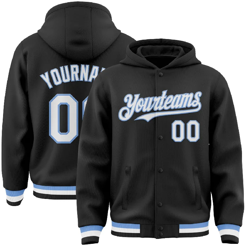 Versatile Clothing For All Genders Forward Trendsetter Custom Black White-Light Blue Bomber Full-Snap Varsity Letterman Hoodie Jacket