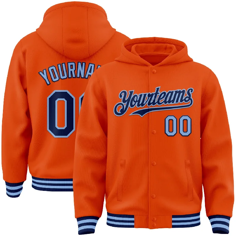 Versatile Unisex Layering Pieces New Styles Just In Custom Orange Navy-Light Blue Bomber Full-Snap Varsity Letterman Hoodie Jacket