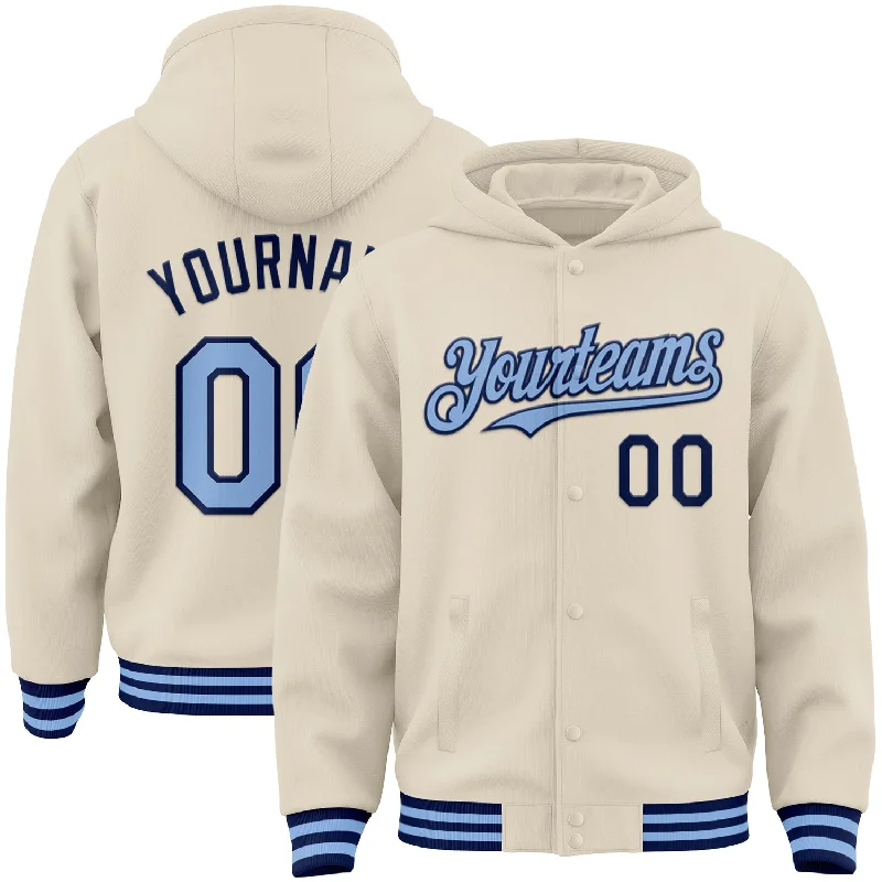 High-Quality Unisex Fashion Basics Shop The Hottest Deals Custom Cream Light Blue-Navy Bomber Full-Snap Varsity Letterman Hoodie Jacket