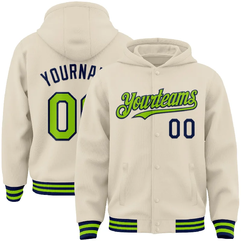 Classic Unisex Fashion Looks Hot Picks Custom Cream Neon Green-Navy Bomber Full-Snap Varsity Letterman Hoodie Jacket