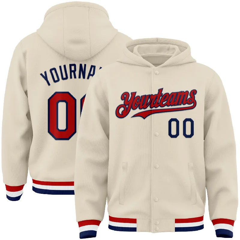 Soft And Breathable Unisex Loungewear Cozy Comfort Style Sale Custom Cream Red Navy-White Bomber Full-Snap Varsity Letterman Hoodie Jacket