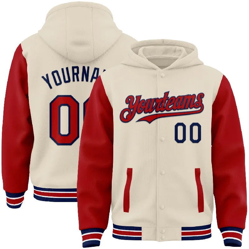 Elegant And Minimal Gender-Free Clothing Final Sale Custom Cream Red Navy-White Bomber Full-Snap Varsity Letterman Two Tone Hoodie Jacket