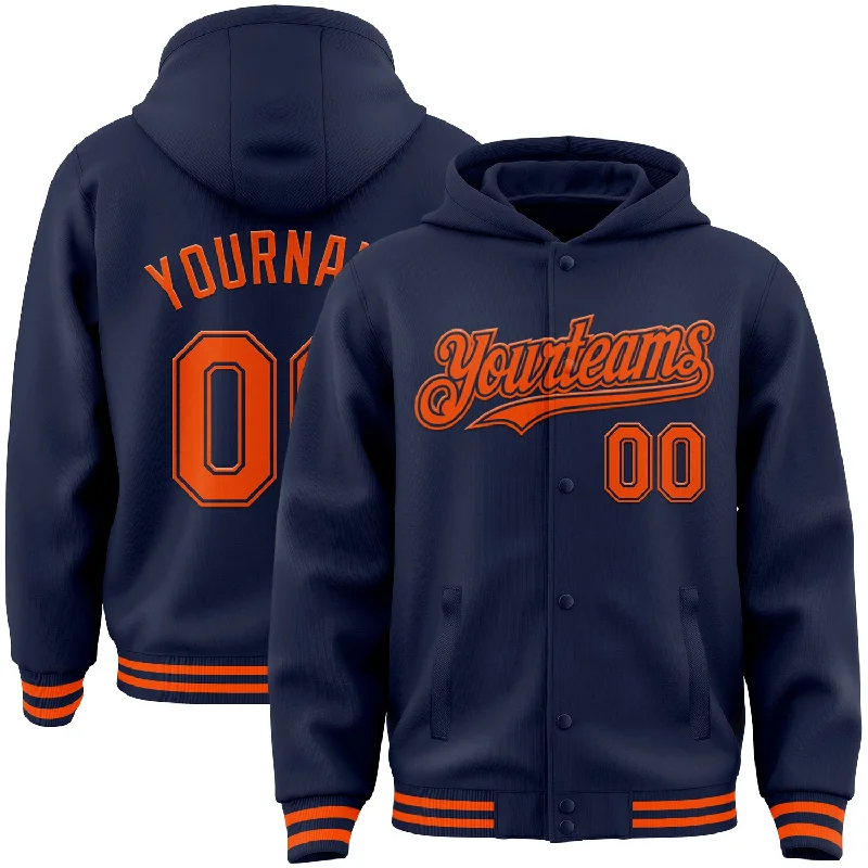 Functional And Stylish Unisex Wear Hot Deals Custom Navy Orange Bomber Full-Snap Varsity Letterman Hoodie Jacket