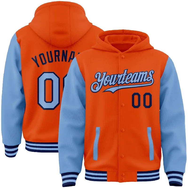 Casual And Trendy Unisex Fashion Staples Urban Elegance Deals Custom Orange Light Blue-Navy Bomber Full-Snap Varsity Letterman Two Tone Hoodie Jacket