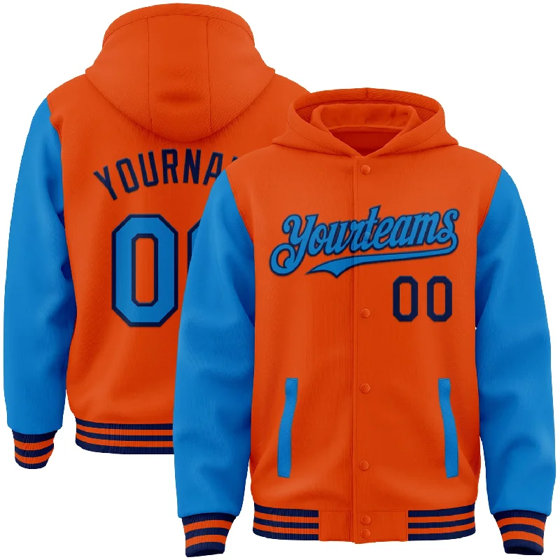 Minimalist Unisex Fashion Essentials Classic Elegance Sales Custom Orange Powder Blue-Navy Bomber Full-Snap Varsity Letterman Two Tone Hoodie Jacket