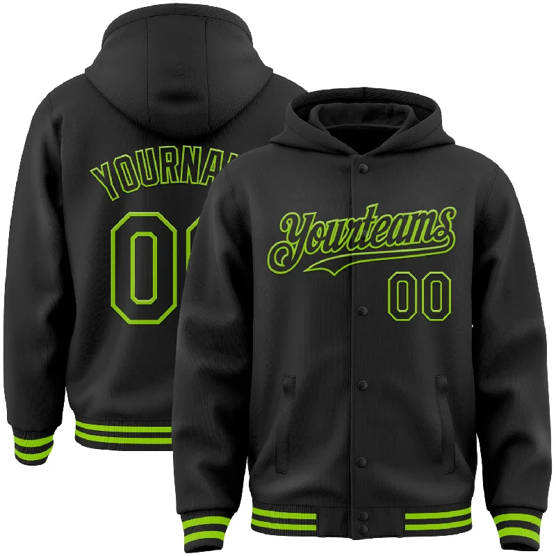 Sleek And Contemporary Gender-Free Outfits Vintage-Modern Style Offers Custom Black Neon Green Bomber Full-Snap Varsity Letterman Hoodie Jacket