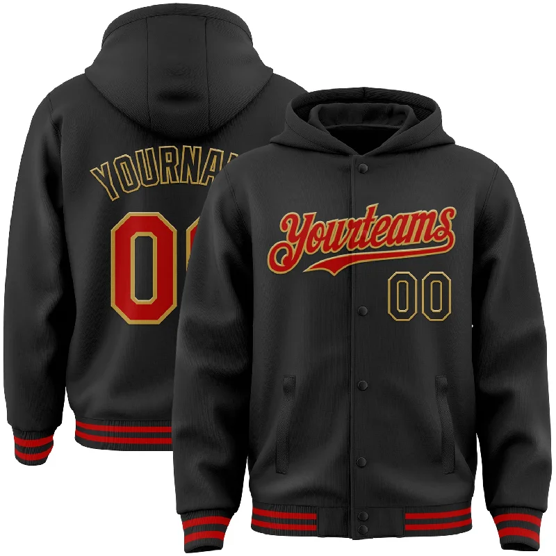 Comfortable And Stylish Unisex Outfits Insane Discount Onslaught Custom Black Red-Old Gold Bomber Full-Snap Varsity Letterman Hoodie Jacket