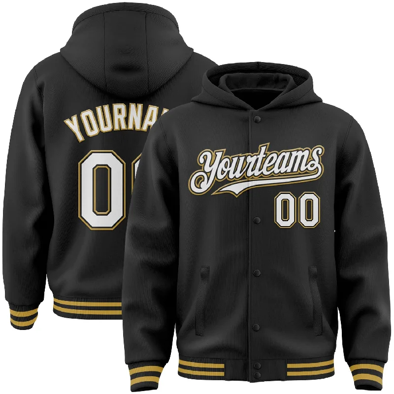 Versatile And Stylish Unisex Apparel Hot Items Custom Black White-Old Gold Bomber Full-Snap Varsity Letterman Hoodie Jacket