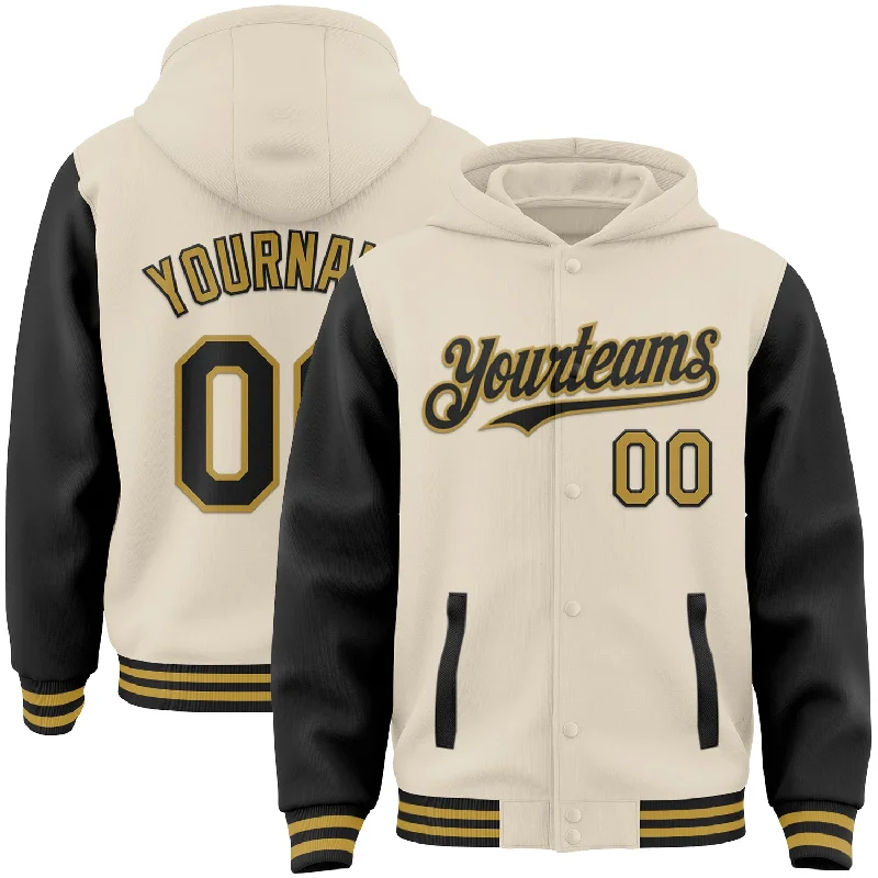 Sleek And Comfortable Unisex Wear Flash Sale, Don'T Miss Custom Cream Black-Old Gold Bomber Full-Snap Varsity Letterman Two Tone Hoodie Jacket