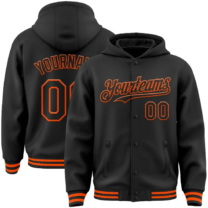 Classic Unisex Fashion Looks Explore What'S New Custom Black Orange Bomber Full-Snap Varsity Letterman Hoodie Jacket