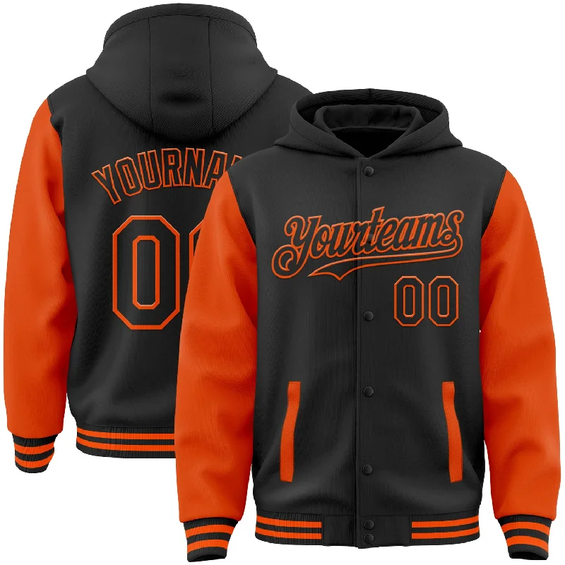 Sustainable And Ethical Unisex Clothing Vintage Style Deals Custom Black Orange Bomber Full-Snap Varsity Letterman Two Tone Hoodie Jacket