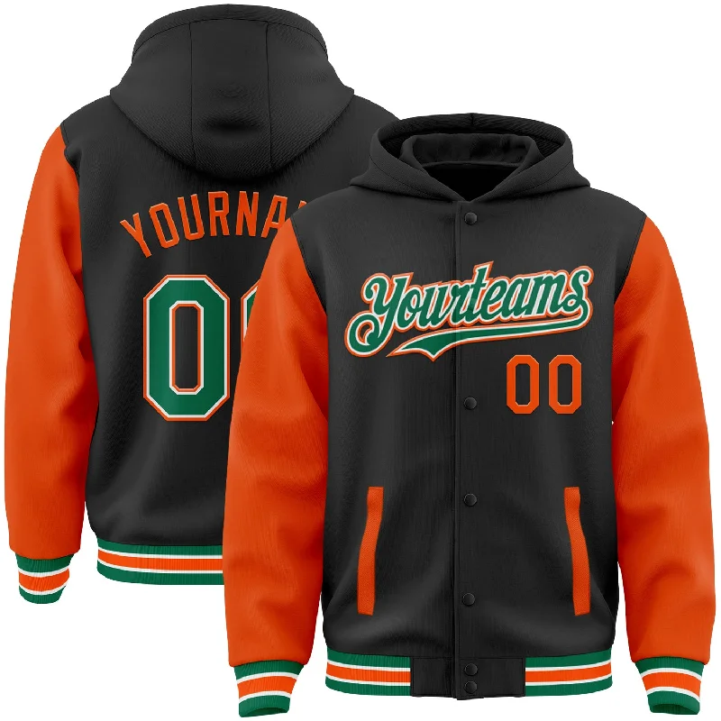 Versatile Clothing For All Genders Trendy Street Style Custom Black Kelly Green-Orange Bomber Full-Snap Varsity Letterman Two Tone Hoodie Jacket