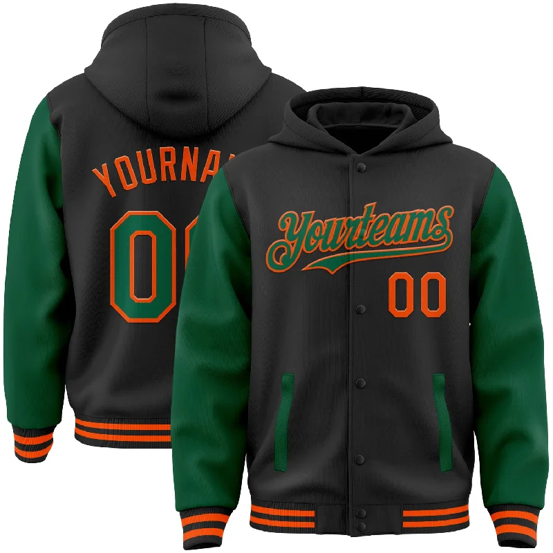 Functional And Stylish Unisex Wear Spring Fashion Custom Black Kelly Green-Orange Bomber Full-Snap Varsity Letterman Two Tone Hoodie Jacket