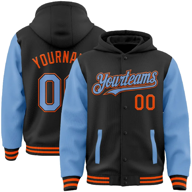 Lightweight And Breathable Unisex Wear Elevated Casual Discounts Custom Black Light Blue-Orange Bomber Full-Snap Varsity Letterman Two Tone Hoodie Jacket