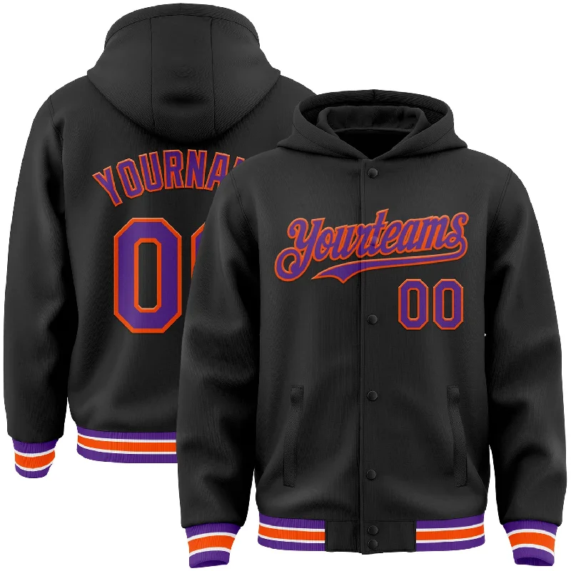 Urban Unisex Fashion Outfits Limited-Time Offer Custom Black Purple-Orange Bomber Full-Snap Varsity Letterman Hoodie Jacket