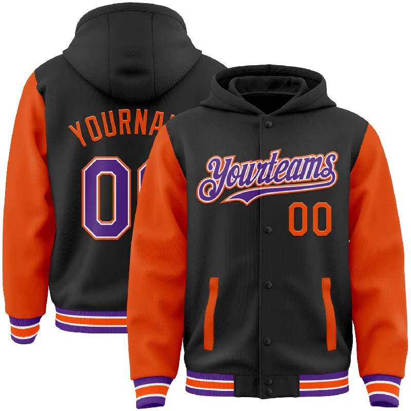 Sustainable Gender-Neutral Apparel Relaxed Style Custom Black Purple-Orange Bomber Full-Snap Varsity Letterman Two Tone Hoodie Jacket