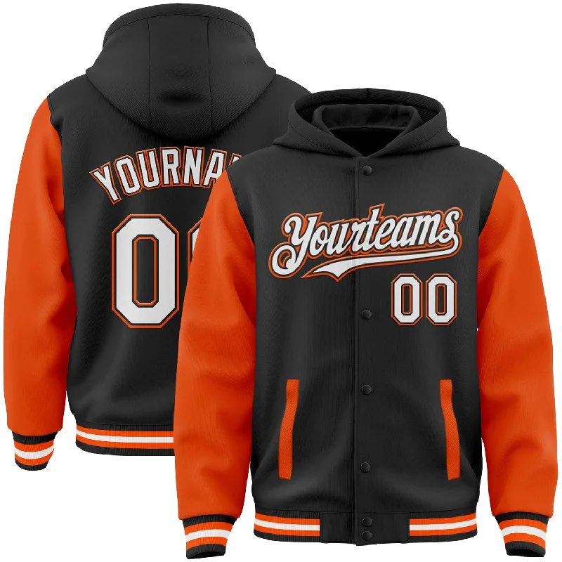 Fashion-Forward Unisex Apparel Stylish Deals Custom Black White-Orange Bomber Full-Snap Varsity Letterman Two Tone Hoodie Jacket