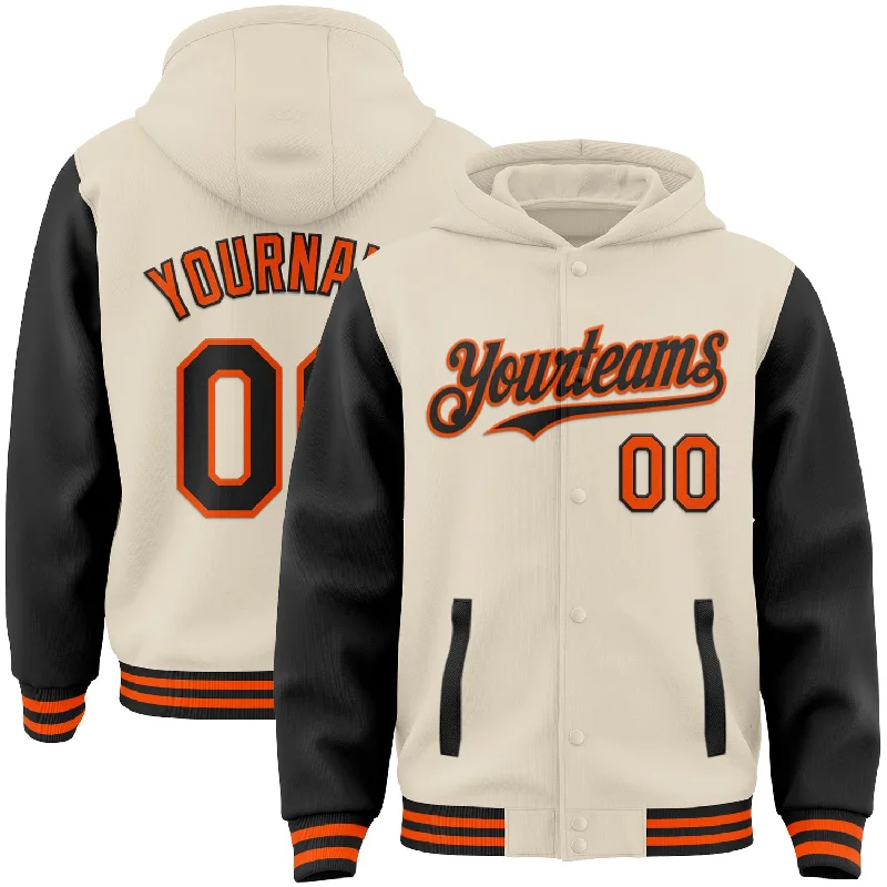 Unisex Everyday Fashion Essentials Trendy Threads Custom Cream Black-Orange Bomber Full-Snap Varsity Letterman Two Tone Hoodie Jacket