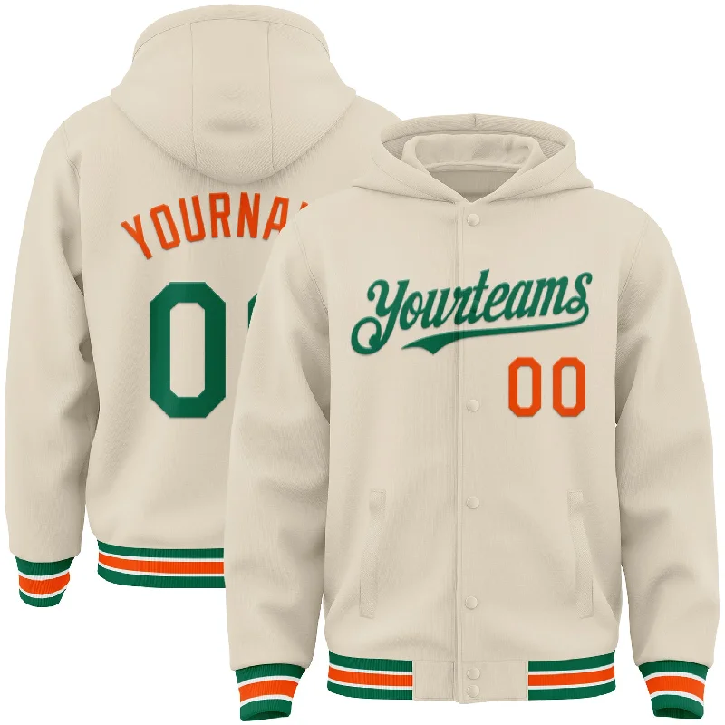 Trendy Unisex Streetwear Fashion Must-Have Style Discounts Custom Cream Kelly Green Orange-White Bomber Full-Snap Varsity Letterman Hoodie Jacket