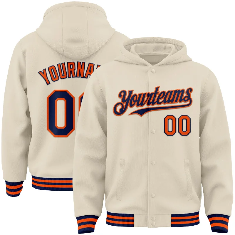 Chic And Contemporary Unisex Clothing Choices Spring Offer Custom Cream Navy-Orange Bomber Full-Snap Varsity Letterman Hoodie Jacket