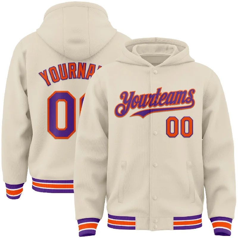 Trendy Unisex Premium Style Custom Cream Purple Orange-White Bomber Full-Snap Varsity Letterman Hoodie Jacket