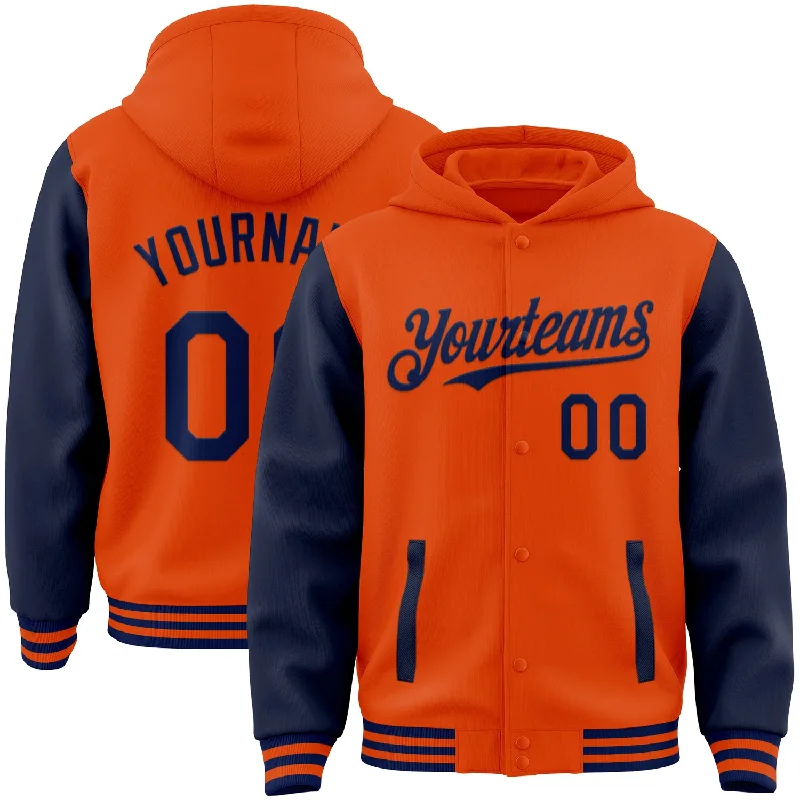 High-Quality Unisex Basics For All Occasions Sophisticated Style Offers Custom Orange Navy Bomber Full-Snap Varsity Letterman Two Tone Hoodie Jacket