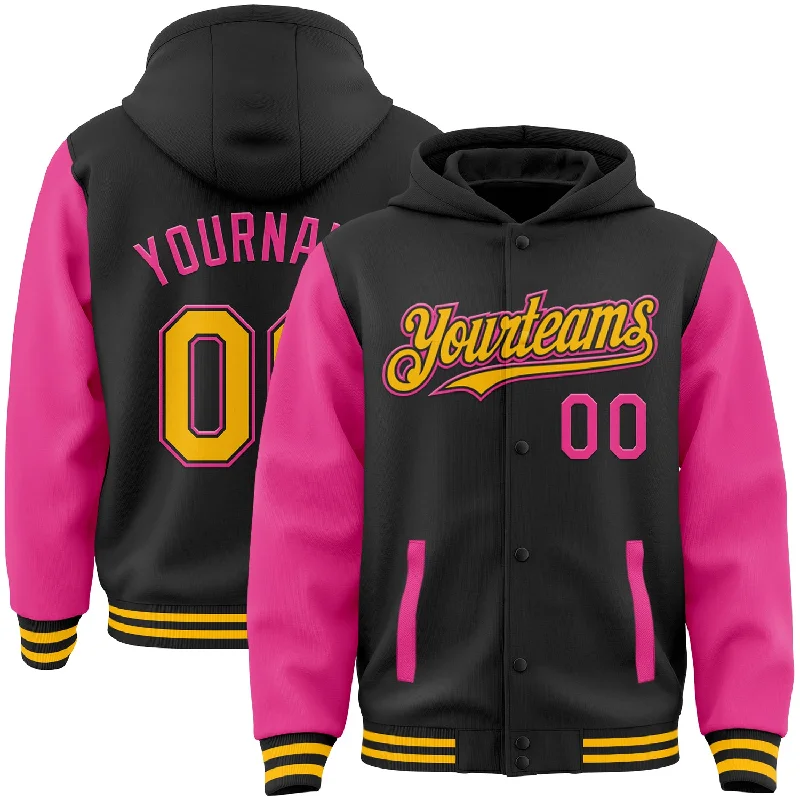 Oversized And Relaxed Unisex Fashion Shop Sale Items Custom Black Gold-Pink Bomber Full-Snap Varsity Letterman Two Tone Hoodie Jacket