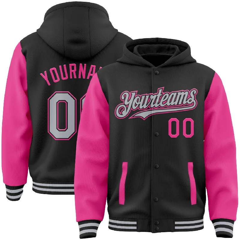 Unisex Everyday Fashion Essentials Limited Time Offers Custom Black Gray-Pink Bomber Full-Snap Varsity Letterman Two Tone Hoodie Jacket