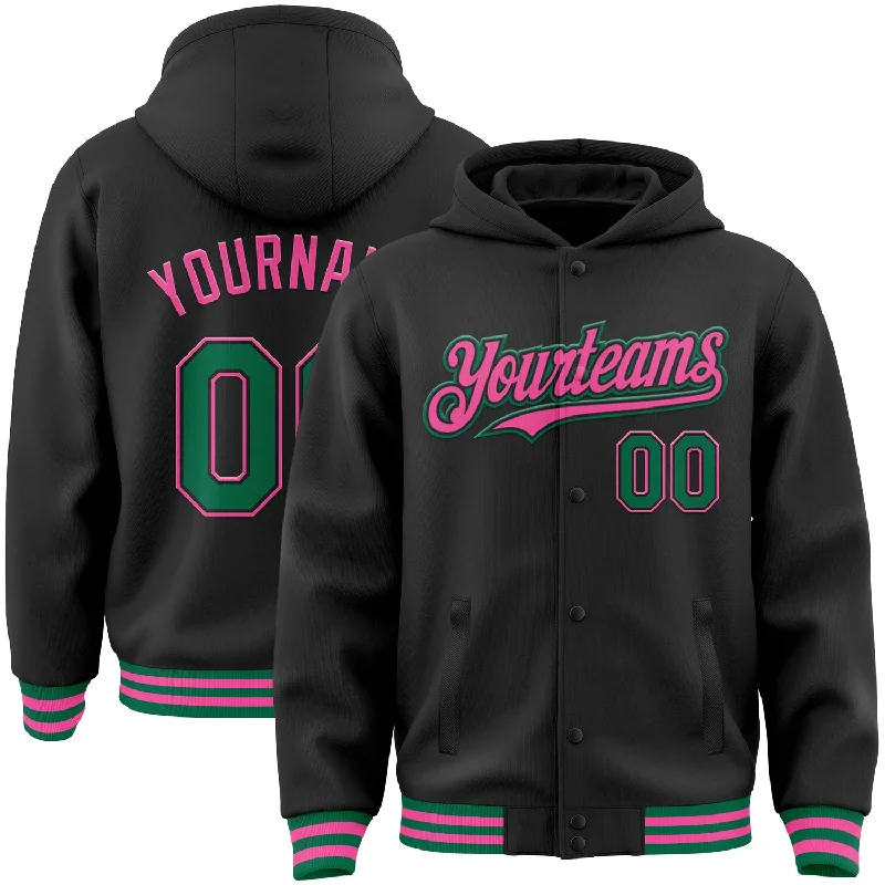 Modern Unisex Clothing For Any Occasion Relaxed Style Deals Custom Black Kelly Green-Pink Bomber Full-Snap Varsity Letterman Hoodie Jacket